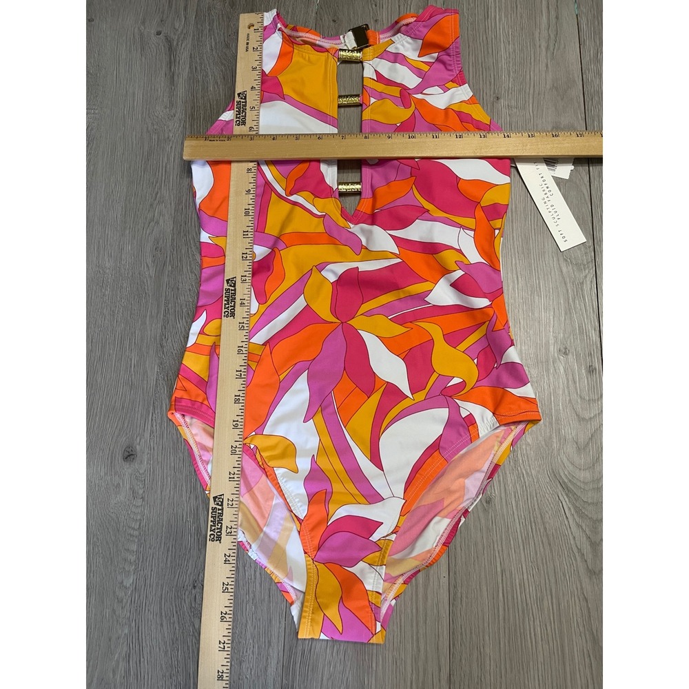 Retro Resort Pink Orange Mod Print Open Back One Piece Swimsuit - Picture 10 of 13